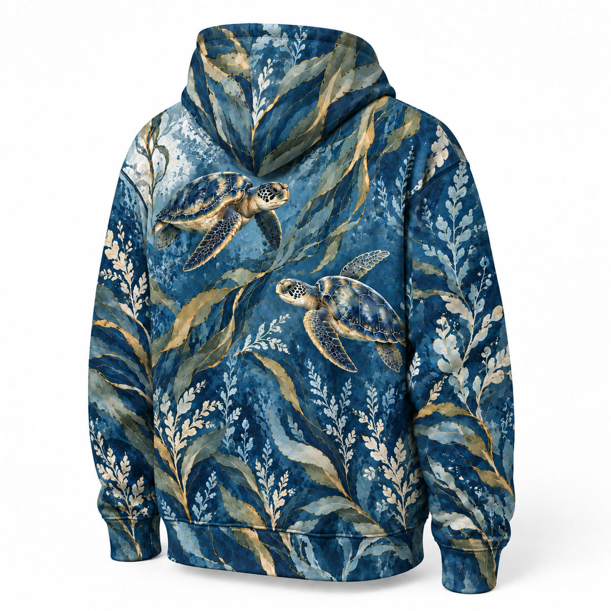 Indigo Kelp Waltz Sea Turtle Hoodie — Indigo Botanical Kelp Print