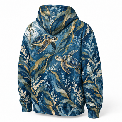 Indigo Kelp Waltz Sea Turtle Hoodie — Indigo Botanical Kelp Print