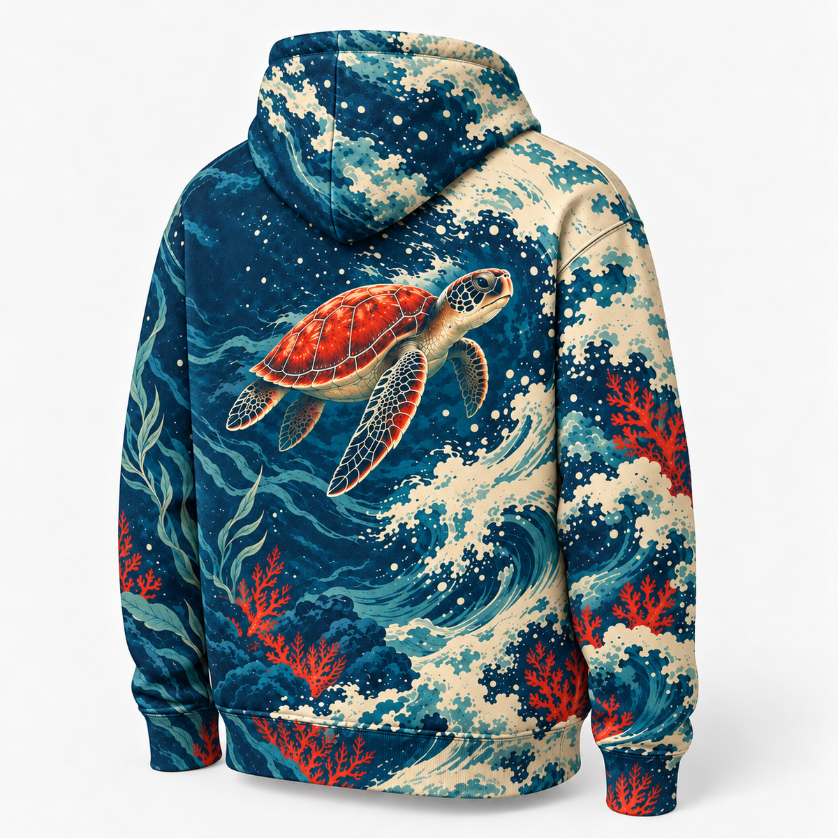 Vermilion Undertow Sea Turtle Hoodie — Red and Navy Wave Print