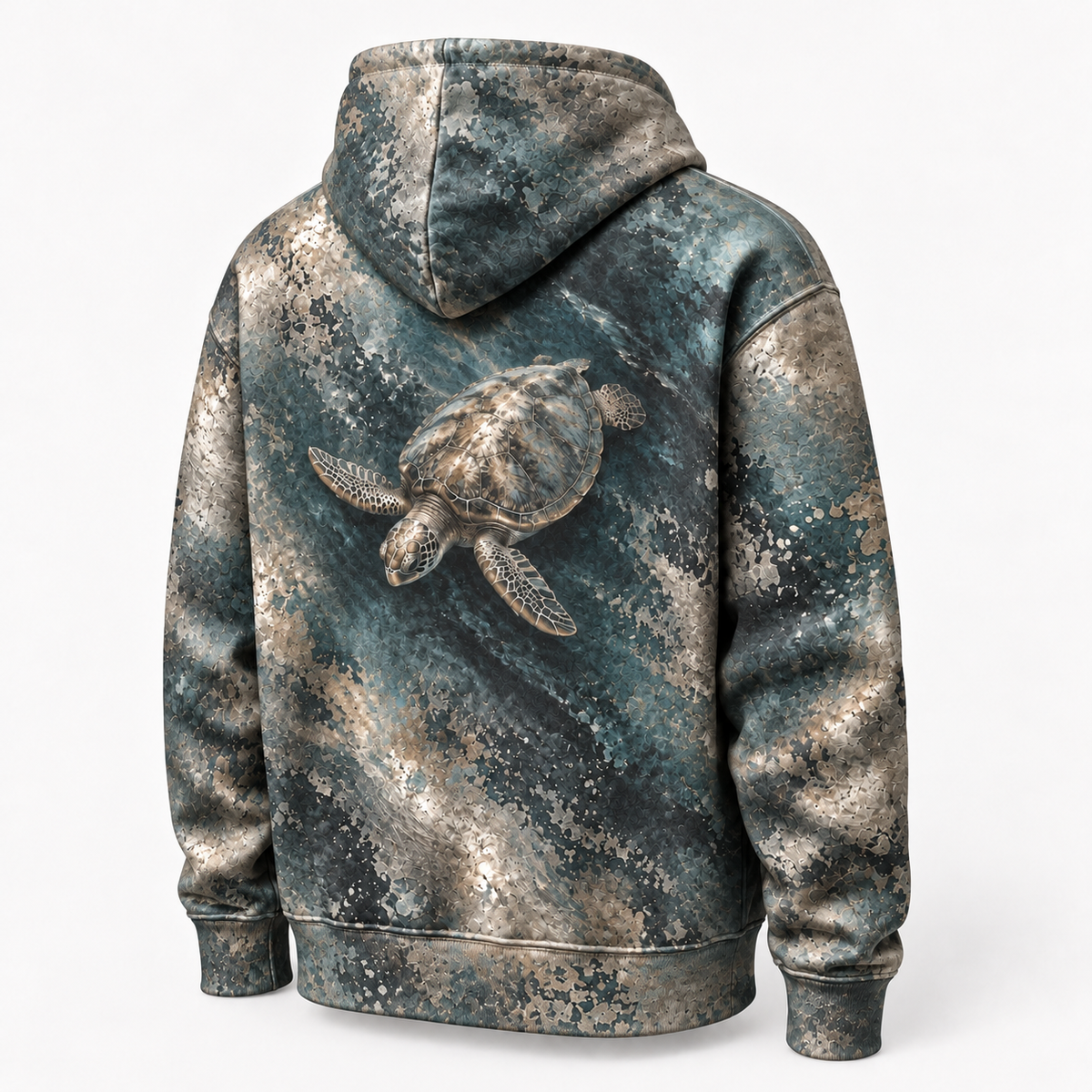 Tarnished Silver Sea Turtle Hoodie — Aged Silver Relief Print