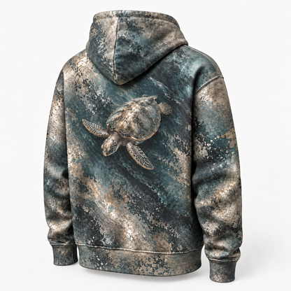 Tarnished Silver Sea Turtle Hoodie — Aged Silver Relief Print