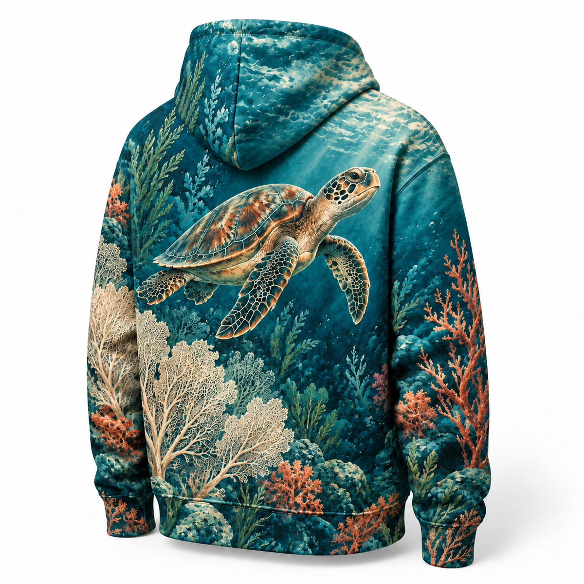 Abyssal Bloom Sea Turtle Hoodie — Coral Reef All-Over Print