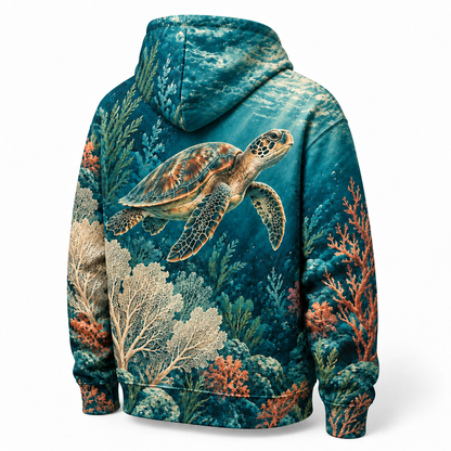 Abyssal Bloom Sea Turtle Hoodie — Coral Reef All-Over Print