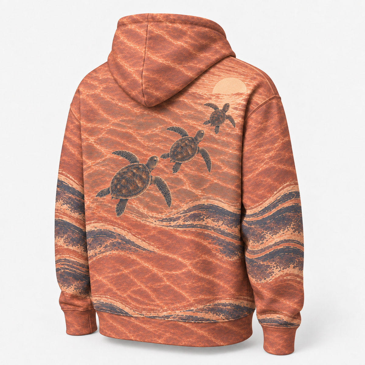 Amber Tide Sea Turtle Hoodie — Copper Sunset Wave Print