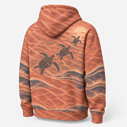 Amber Tide Sea Turtle Hoodie — Copper Sunset Wave Print