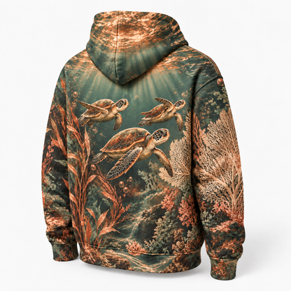 Tidal Copper Garden Sea Turtle Hoodie — Copper Botanical Reef Print