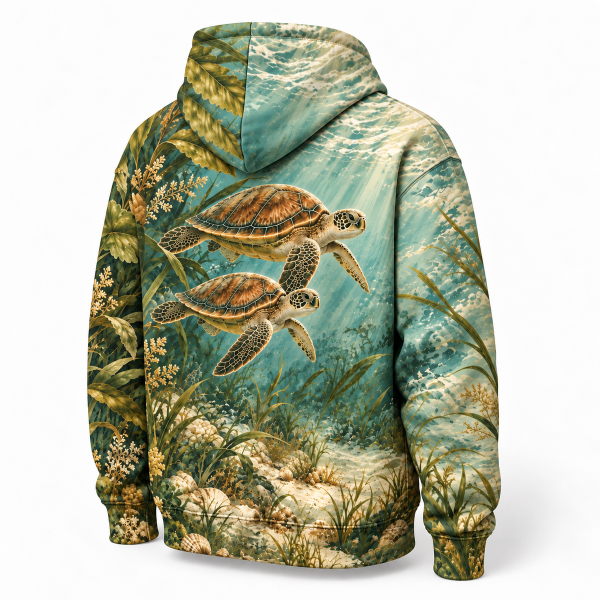 Cypress Estuary Sea Turtle Hoodie — Vintage Green Seagrass Print