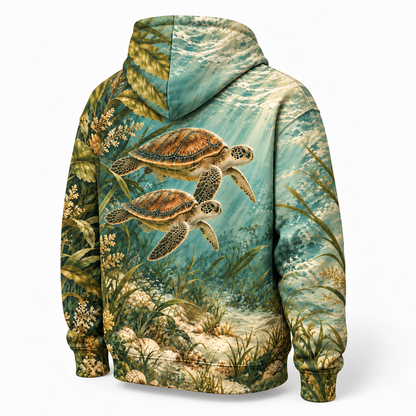 Cypress Estuary Sea Turtle Hoodie — Vintage Green Seagrass Print