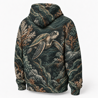 Charcoal Reef Sea Turtle Hoodie — Charcoal Reef Engraving Print
