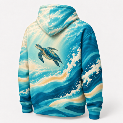 Sunlit Glide Sea Turtle Hoodie — Teal Ocean Wave Print