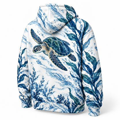 Porcelain Kelp Study Sea Turtle Hoodie — Blue and White Kelp Print