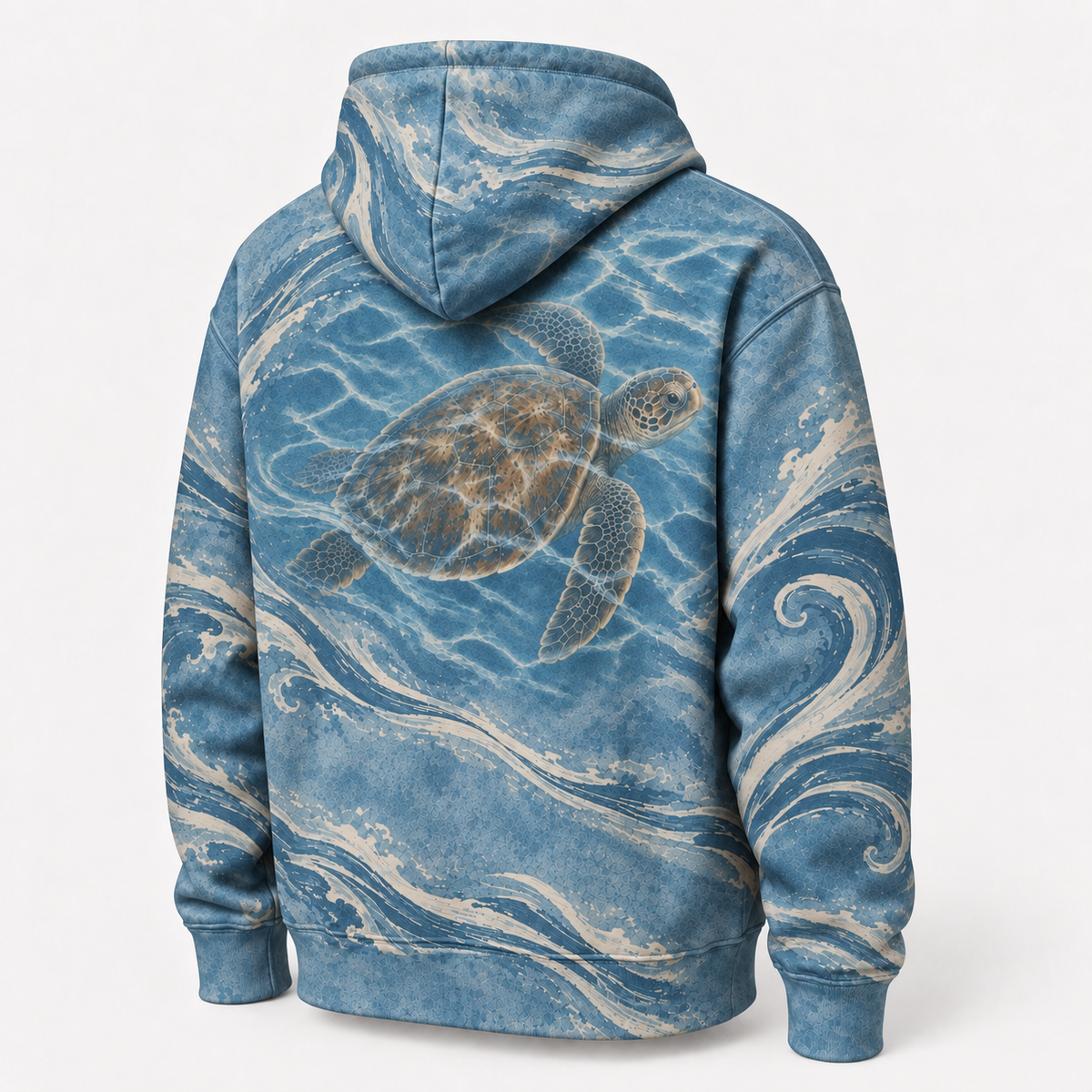 Tidal Drift Sea Turtle Hoodie — Ocean Blue Wave Print