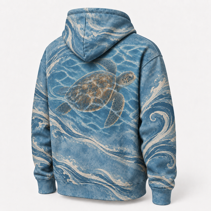 Tidal Drift Sea Turtle Hoodie — Ocean Blue Wave Print