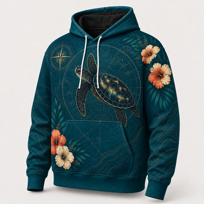 Compass Bloom Sea Turtle Hoodie — Modern Nautical Map Print
