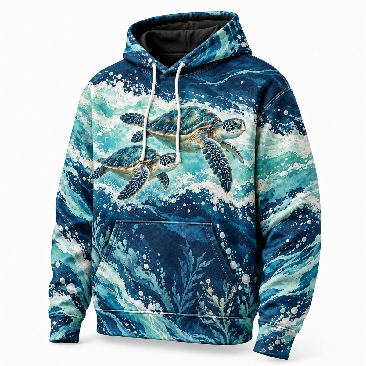 Foamline Run Sea Turtle Hoodie — Navy and Seafoam Wave Print