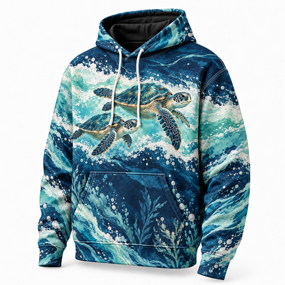 Foamline Run Sea Turtle Hoodie — Navy and Seafoam Wave Print