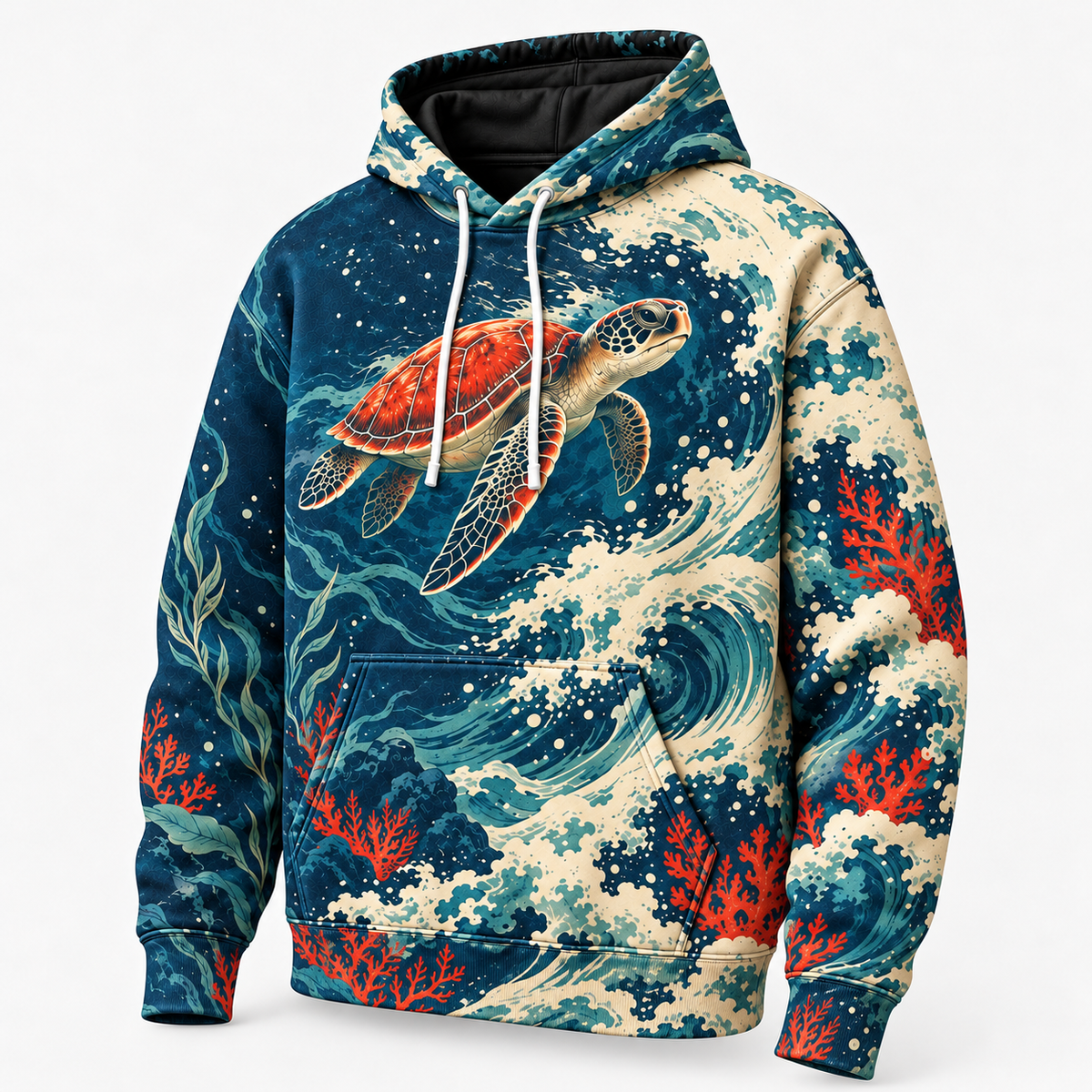 Vermilion Undertow Sea Turtle Hoodie — Red and Navy Wave Print