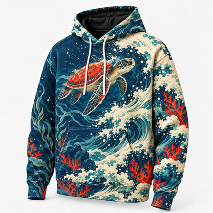 Vermilion Undertow Sea Turtle Hoodie — Red and Navy Wave Print