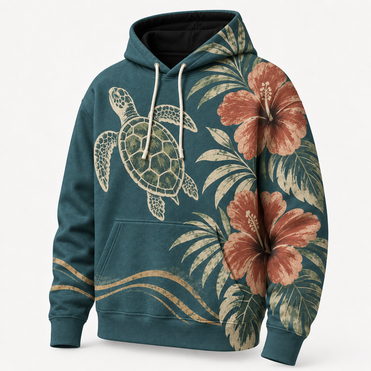 Hibiscus Dusk Sea Turtle Hoodie – Teal Tropical Floral Print