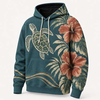 Hibiscus Dusk Sea Turtle Hoodie – Teal Tropical Floral Print