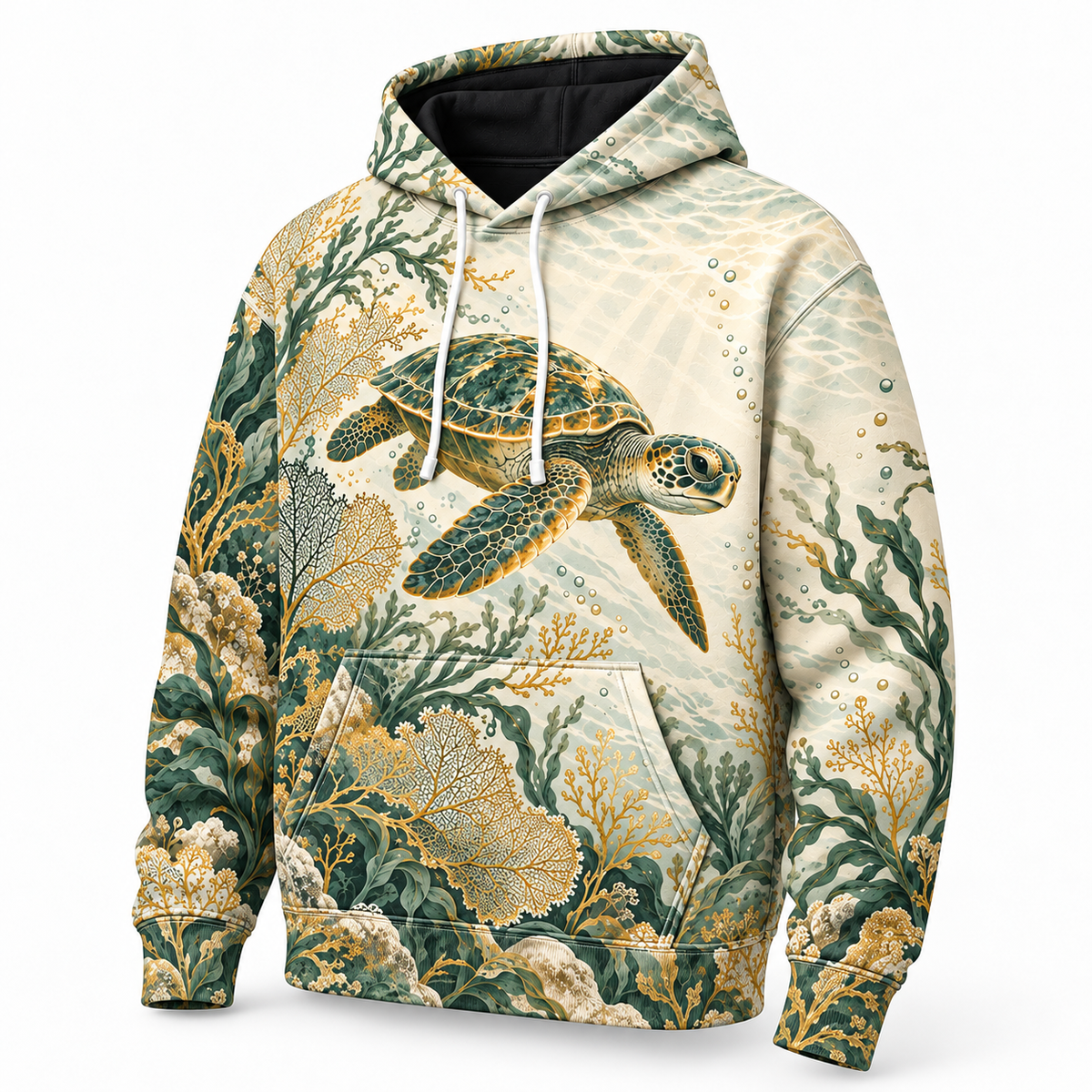Ivory Reef Lace Sea Turtle Hoodie — Ivory Botanical Reef Print