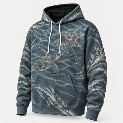 Stormy Deep Sea Turtle Hoodie — Slate Grey Wave Print