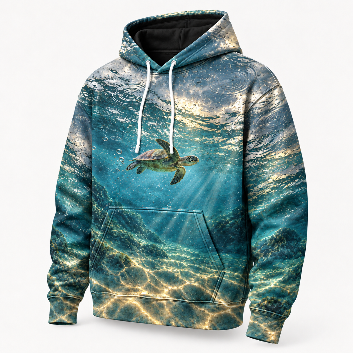 Raindrop Sanctuary Sea Turtle Hoodie — Rain Ripple Print