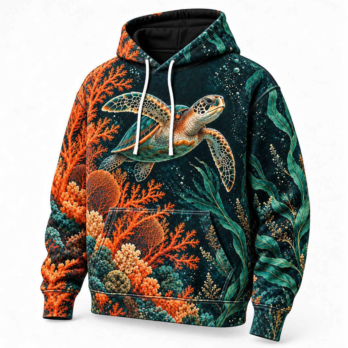 Midnight Coral Opera Sea Turtle Hoodie — Orange Coral Botanical Print