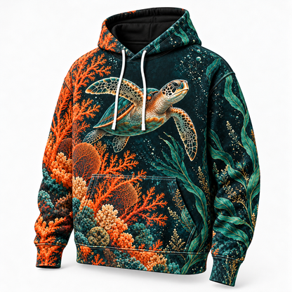 Midnight Coral Opera Sea Turtle Hoodie — Orange Coral Botanical Print