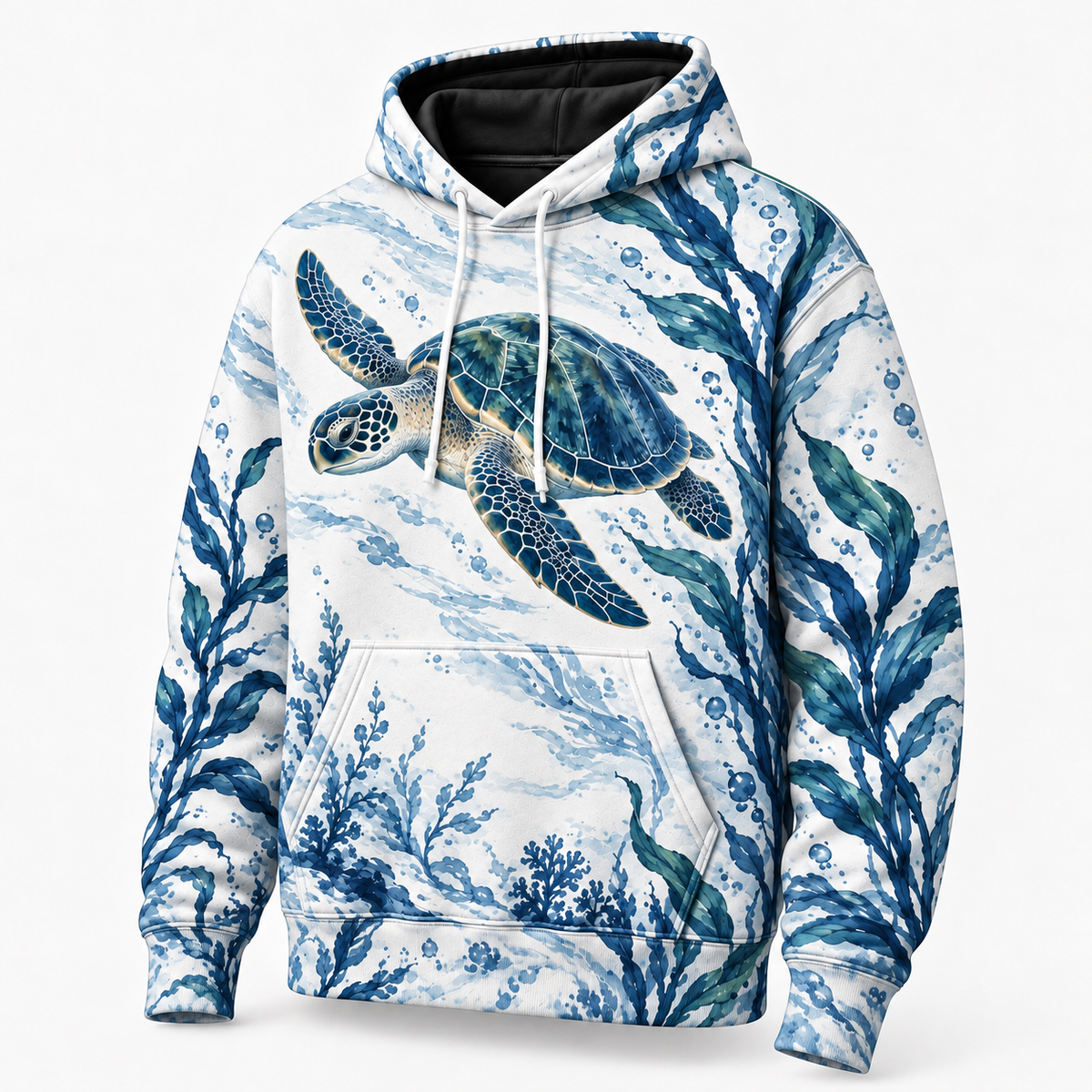 Porcelain Kelp Study Sea Turtle Hoodie — Blue and White Kelp Print