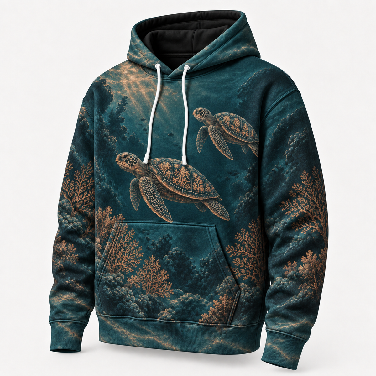 Deep Coral Sea Turtle Hoodie — Underwater Bronze Coral Print