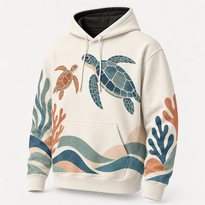 Coastal Cut Paper Sea Turtle Hoodie – Modern Reef Collage Print
