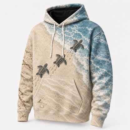 Sandy Trail Sea Turtle Hoodie — Beach Sunrise Hatchling Print