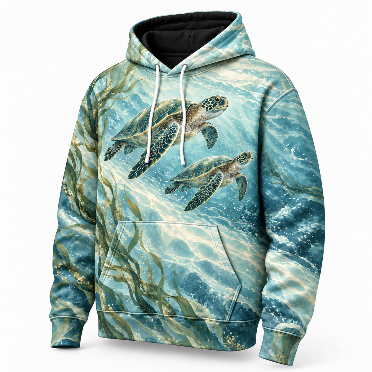 Lagoon Silk Sea Turtle Hoodie — Soft Green Ocean Print