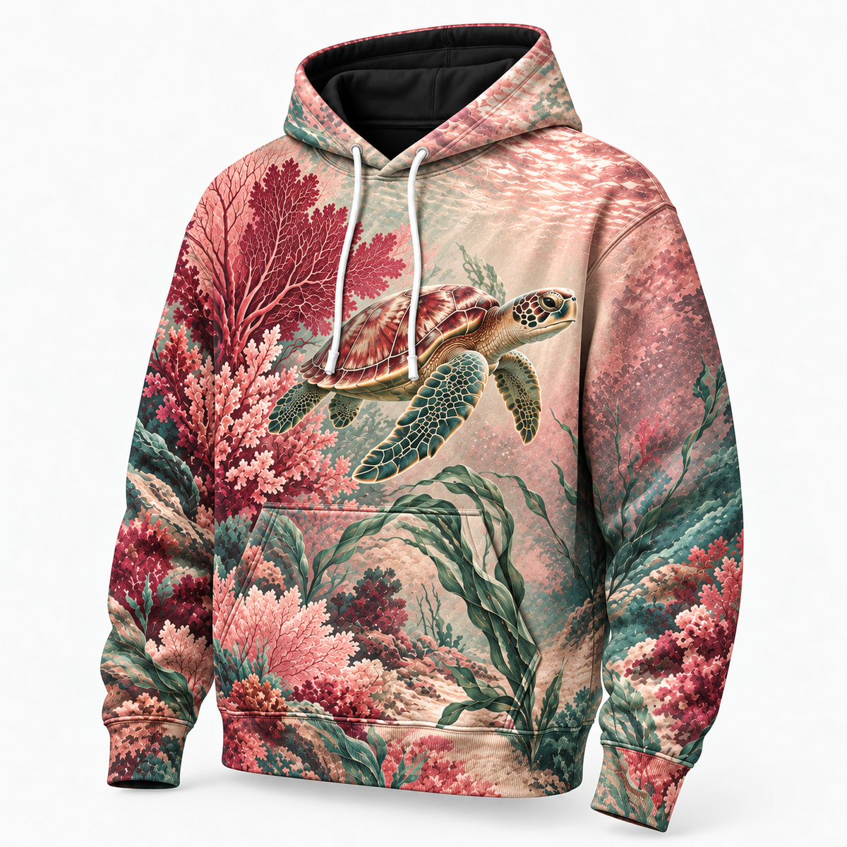 Rosewater Reef Sea Turtle Hoodie — Blush Coral Reef Print