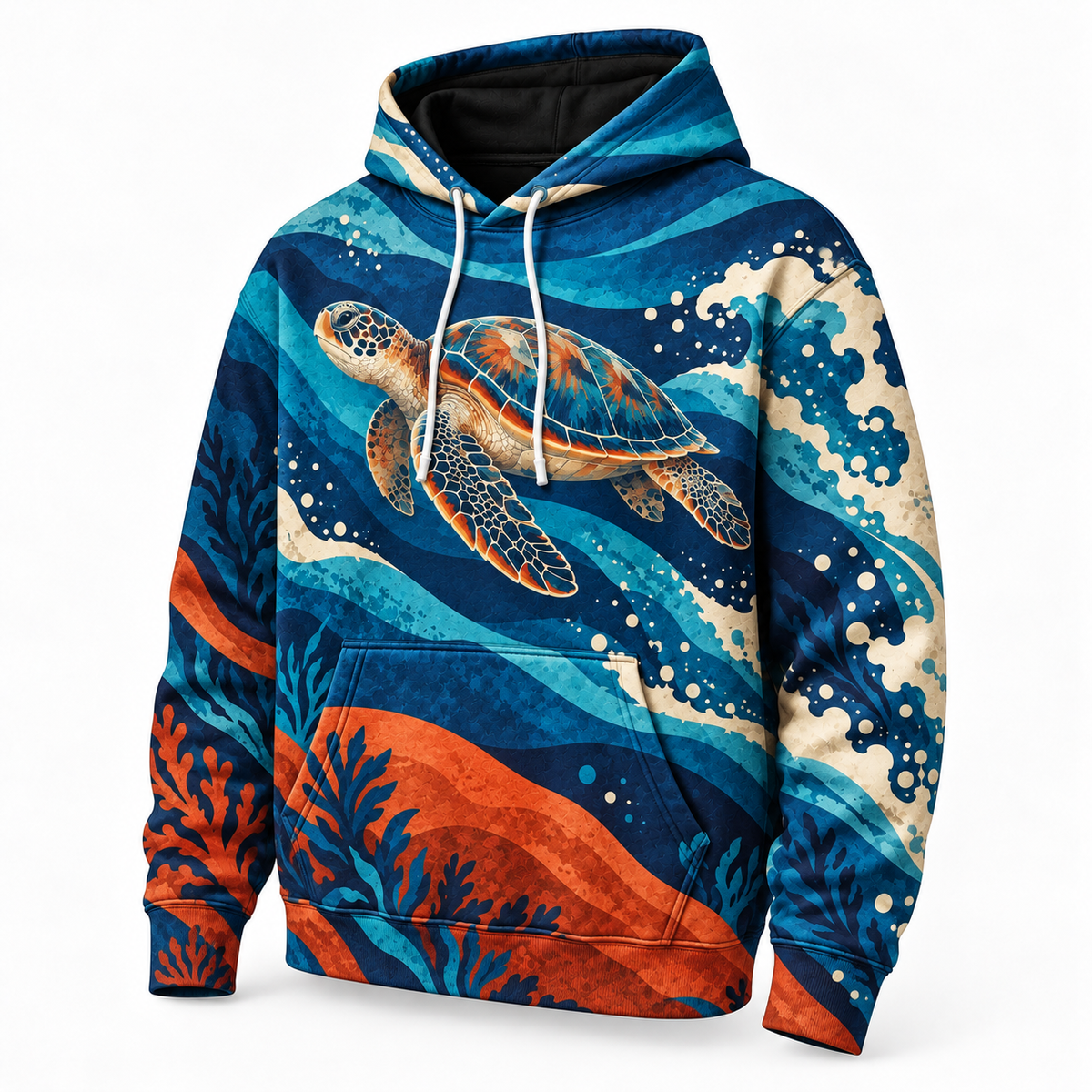Pacific Rhythm Sea Turtle Hoodie — Graphic Ocean Wave Print