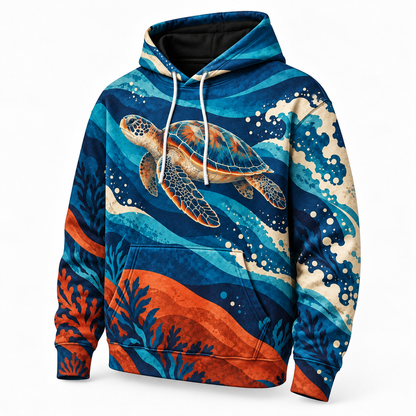 Pacific Rhythm Sea Turtle Hoodie — Graphic Ocean Wave Print