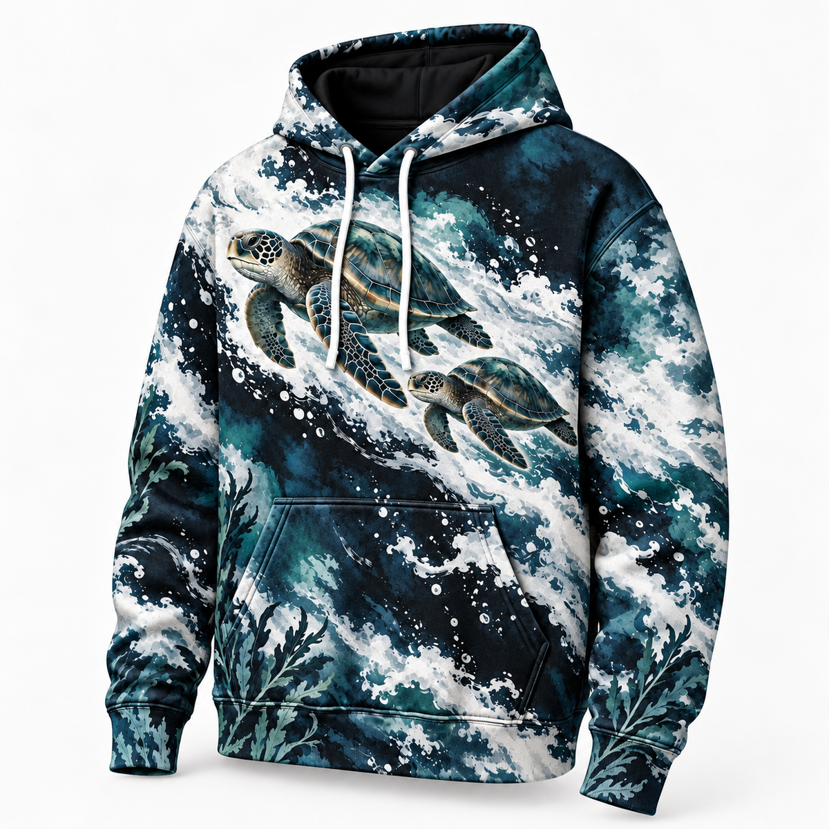 Inkfoam Voyage Sea Turtle Hoodie — Black and White Ocean Wave Print