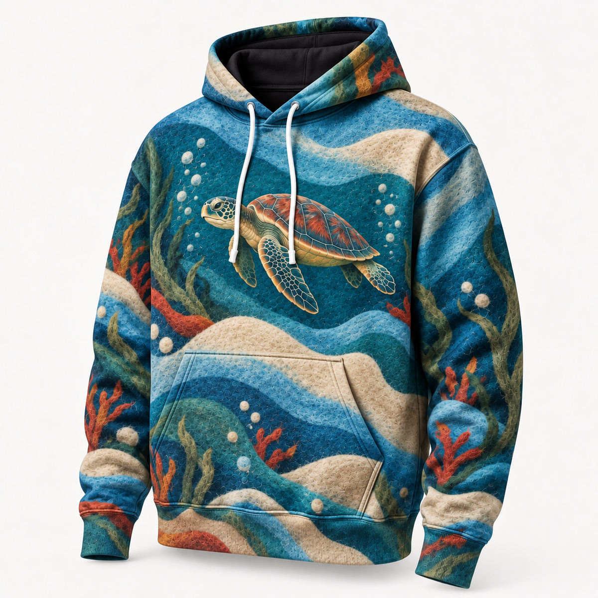 Feltwater Layers Sea Turtle Hoodie — Soft Felt Illusion Print