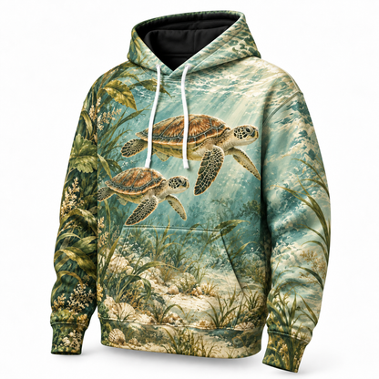 Cypress Estuary Sea Turtle Hoodie — Vintage Green Seagrass Print