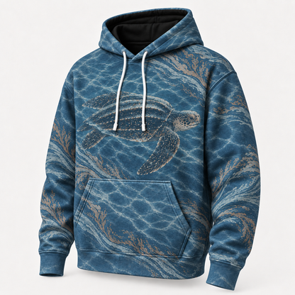 Leatherback Drift Sea Turtle Hoodie — Deep Sea Kelp Print