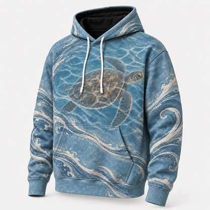 Tidal Drift Sea Turtle Hoodie — Ocean Blue Wave Print