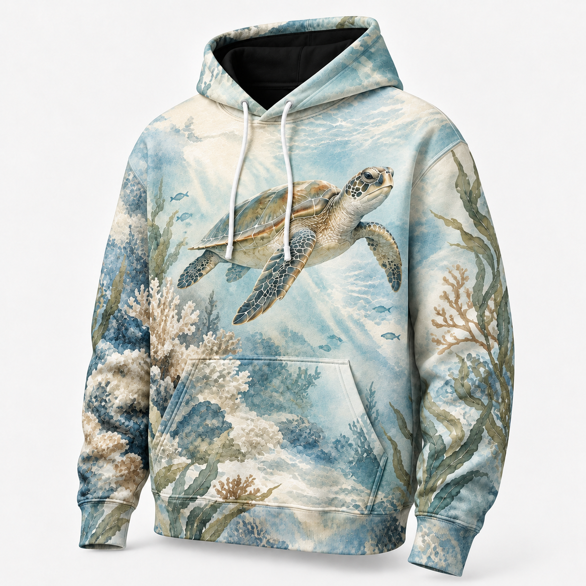 Misty Reef Haven Sea Turtle Hoodie — Soft Sage Watercolor Reef Print