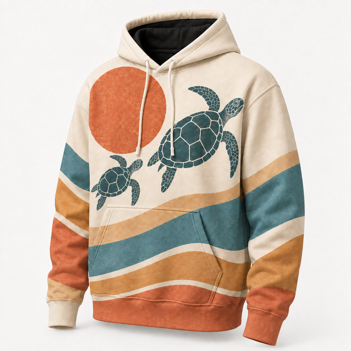 Terracotta Tides Sea Turtle Hoodie – Retro Sunset Wave Print