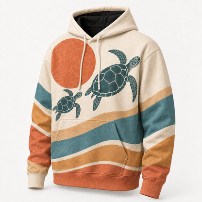 Terracotta Tides Sea Turtle Hoodie – Retro Sunset Wave Print