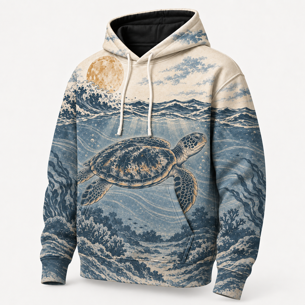 Moonlit Passage Sea Turtle Hoodie – Vintage Underwater Wave Print