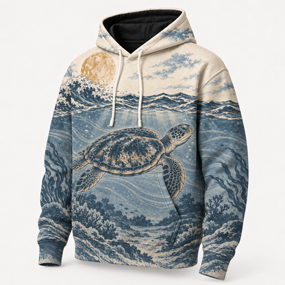 Moonlit Passage Sea Turtle Hoodie – Vintage Underwater Wave Print