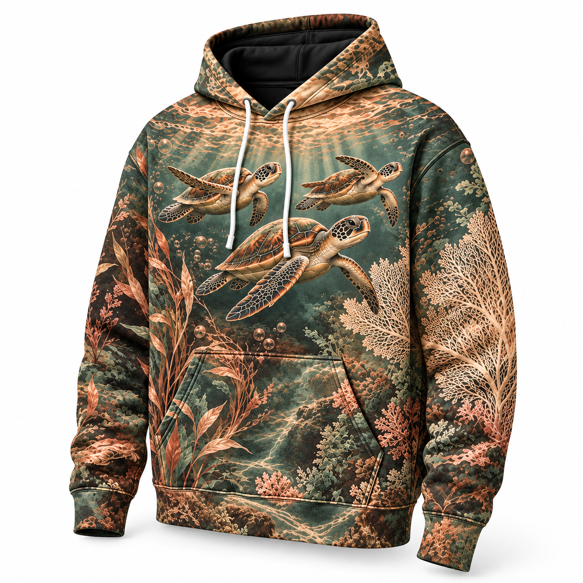 Tidal Copper Garden Sea Turtle Hoodie — Copper Botanical Reef Print