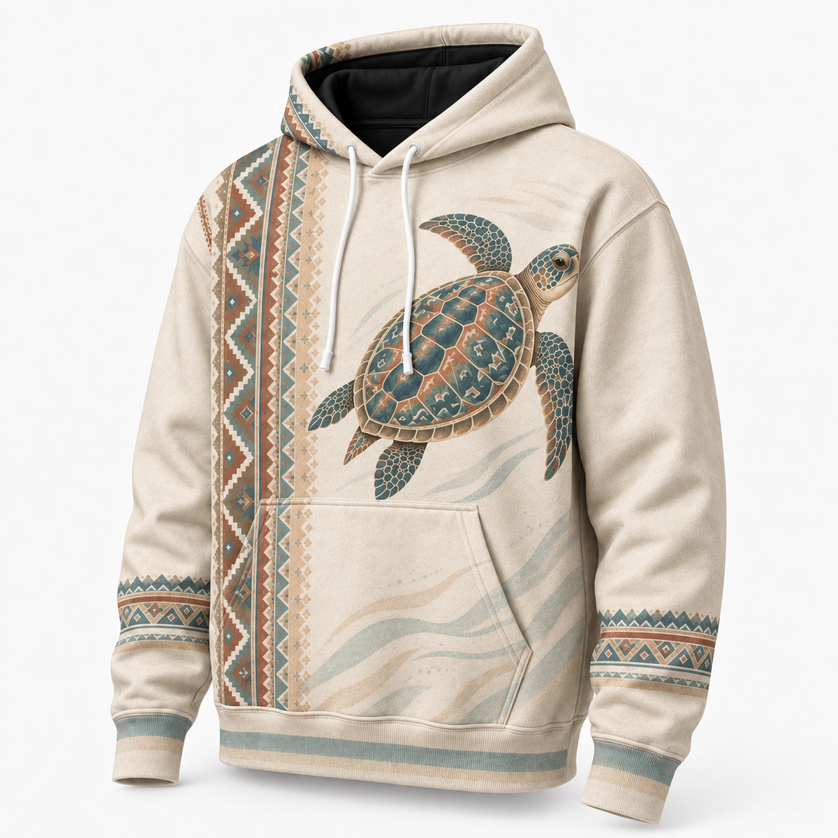 Coastal Loom Sea Turtle Hoodie — Vintage Geometric Print
