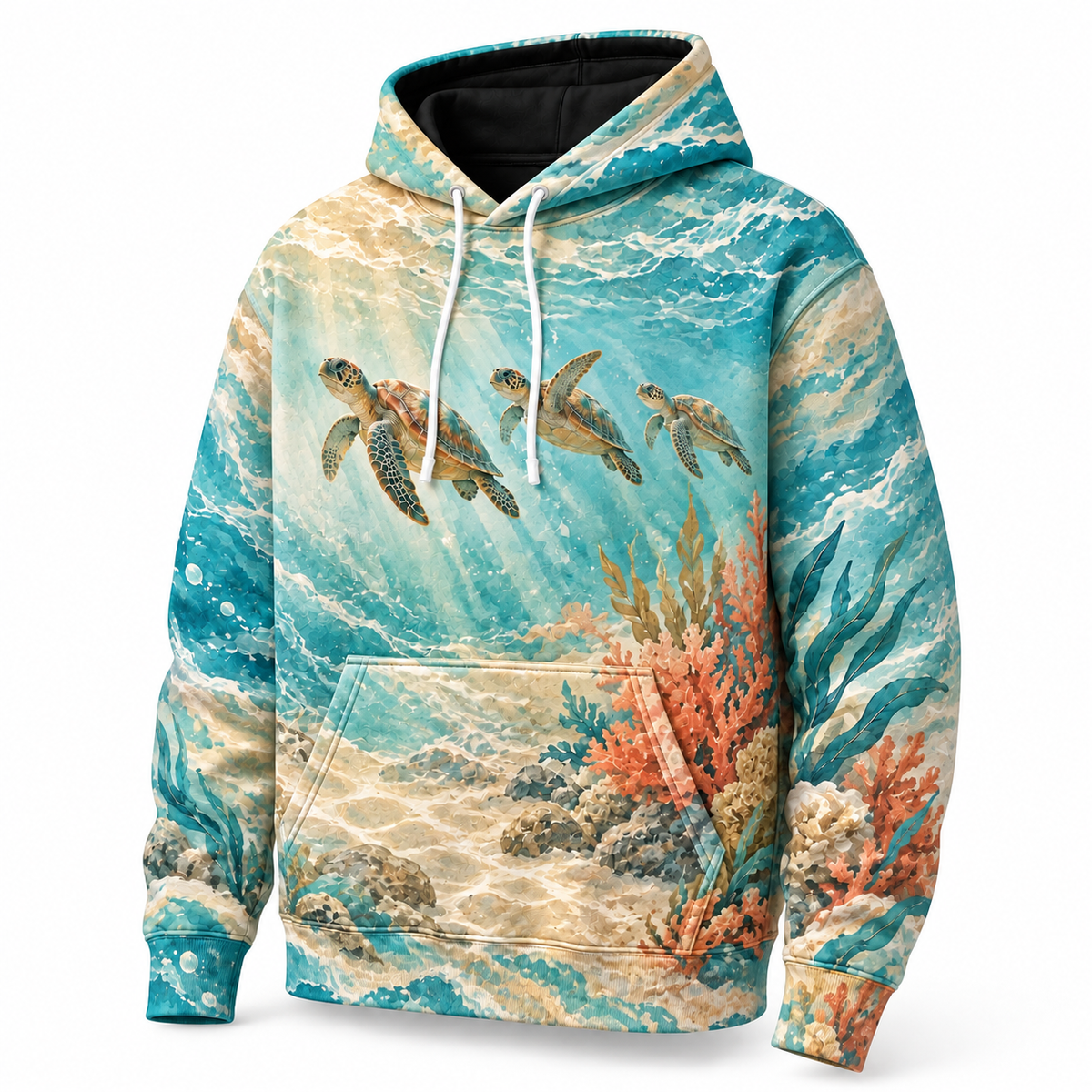 Coral Sand Serenade Sea Turtle Hoodie — Soft Coral Garden Print